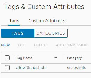Der Tag "allow Snapshots" aus der Kategorie "snapshots" selektiert VMs welche Snapshots besitzen dürfen.